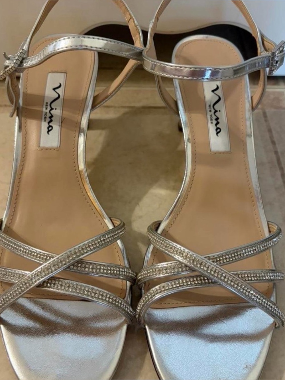 Nina Silver Rhinestone Strappy Heels Size 7.5
